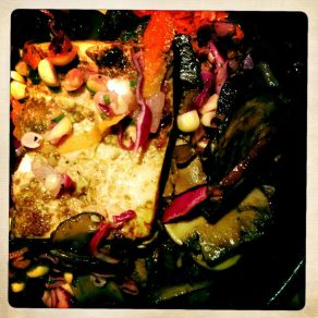 marinated tofu overtop brown rice, mushrooms and corn slaw