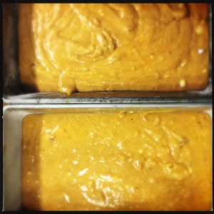 Divide batter evenly between two loaf pans. 