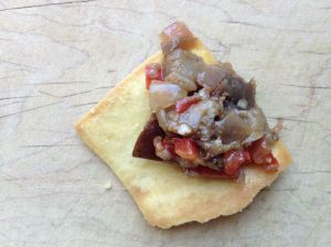 Spicy Eggplant Relish on a Stacy's Pita Chip